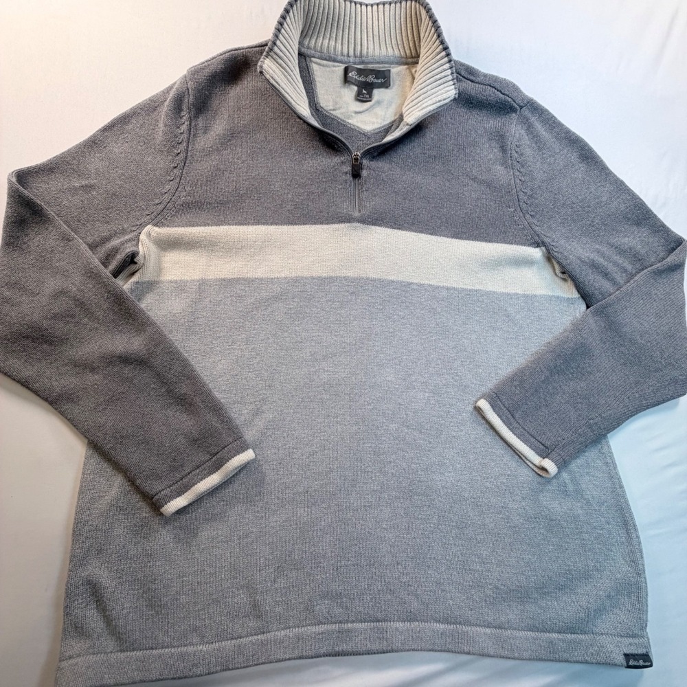 Eddie Bauer Mens TXL Gray 1/4 Zip Sweater Cotton Pullover Stripe Casual